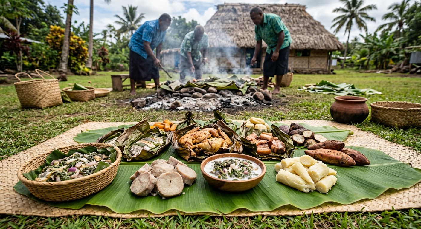 Traditional Fijian lovo feast with palusami, lovo chicken, pork, dalo, cassava and kumala laid on banana leaves beside a steaming earth oven