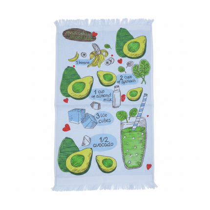 Avocado smoothie recipe kitchen towel flat lay