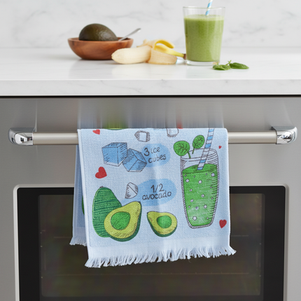 Avocado smoothie recipe kitchen towel draped over counter